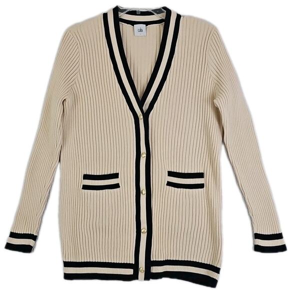 CABI ~Woman Sizr L~ Beige Cardigan Sweater Long Sleeve Slim Ribbed Knit Buttons - Picture 1 of 15